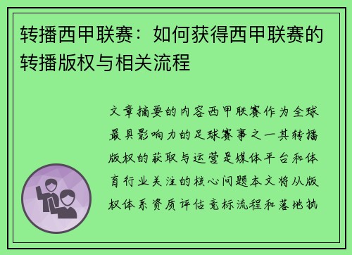 转播西甲联赛：如何获得西甲联赛的转播版权与相关流程