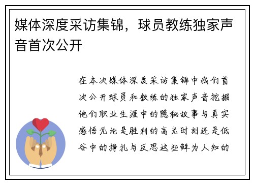 媒体深度采访集锦，球员教练独家声音首次公开